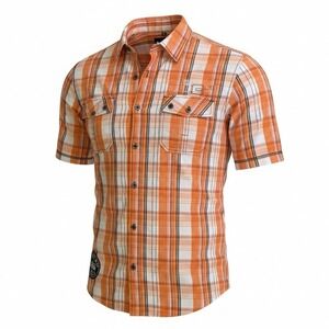 MFDM JNS Mens XL Orange Plaid Short Sleeve Button Up Shirt Embroidered Y2K Cyber
